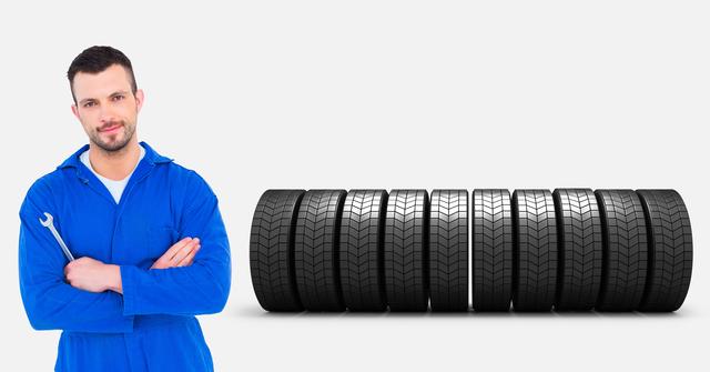 This image can be useful for automotive repair services, advertisements for tire stores, or auto maintenance promotions. The mechanic's confident pose and the neat line of tires highlight professionalism and reliability in car care services.