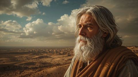 Elderly moses gazing at desolate dunes
