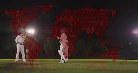 Night cricket match playing under floodlights with red binary world map overlay