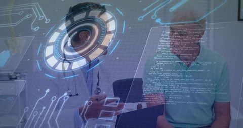 Doctor Consulting Senior Patient Using Tablet with Futuristic Medical HUD Interface