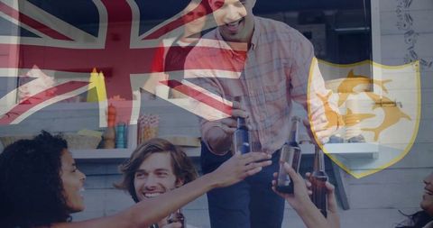 Friends toasting with union jack overlaid symbolizing unity