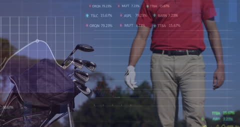 Golfer Analyzing Performance with Digital Data Overlay