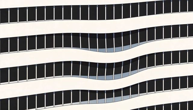 Modern wavy facade curved balcony bands repeating glass window rhythm
