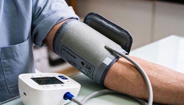 Measuring blood pressure at home with digital upper arm cuff on rolled shirt sleeve