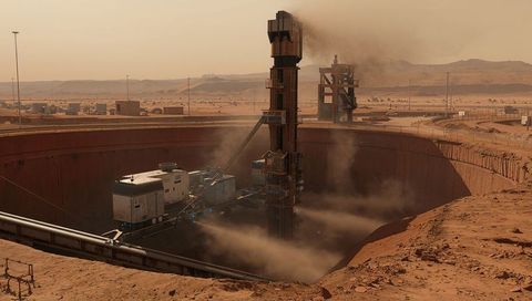 Vertical drilling tower pumping dust over red desert mining pit with mobile generators