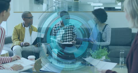 Diverse Team in Meeting with Futuristic Technology Overlay