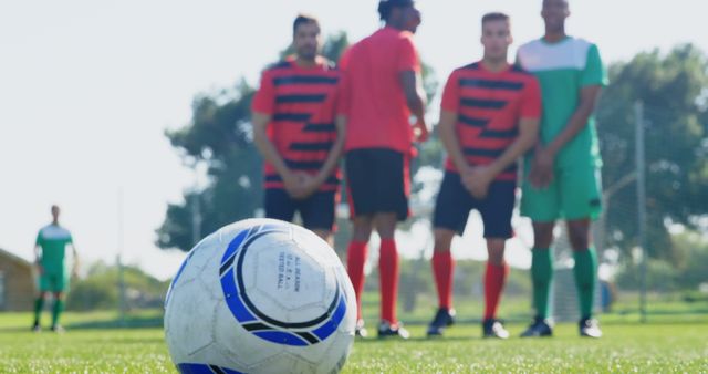 Soccer players in defensive wall during free kick in sunny field - Download Free Stock Images Pikwizard.com