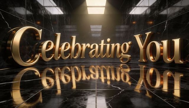 Golden 3d celebrating you letters reflecting on black marble floor under dramatic skylight