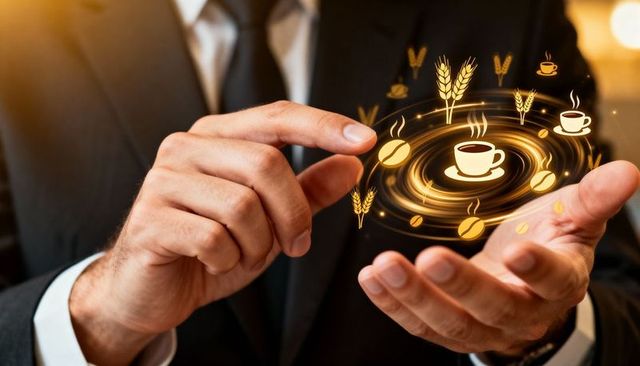 Businessman presenting holographic coffee cup featuring golden beans and wheat, virtual tech
