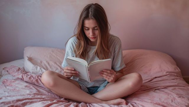 Teenager reading on pink bed in cozy pastel bedroom, holding paperback novel