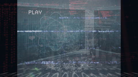 Digital Interface with Icons and Data in a Futuristic Server Room