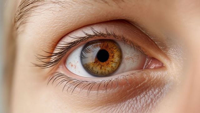 Extreme close-up hazel eye macro showing detailed iris texture, lashes and skin pores