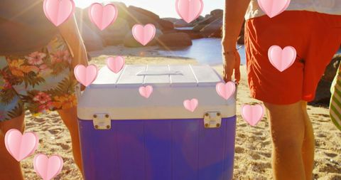 Friends Carrying Cooler Iconic Beach Scene Hearts Overlay