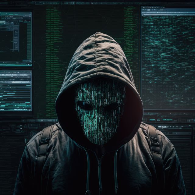 A person wearing a hooded sweatshirt, obscuring their identity, stands in front of multiple computer screens displaying encrypted data and digital interfaces. This can be used in contexts related to cyber security threats, data breaches, IT security measures, hacking activities, or portraying hackers. Ideal for articles, reports, presentations, or advertisements focusing on digital security, cybercrime, and anonymous online activities.