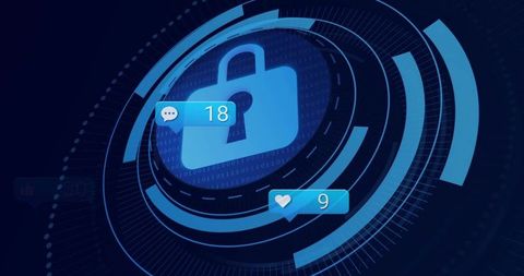 Padlock HUD Interface with Social Notification Icons Representing Cybersecurity and Privacy