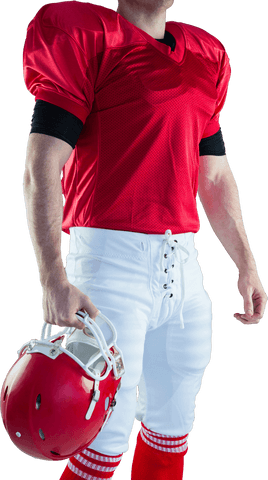 American football player holding helmet on transparent background