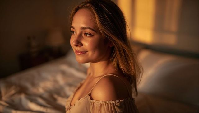 Sunlit morning portrait of woman relaxing on bed warm intimate lifestyle moment