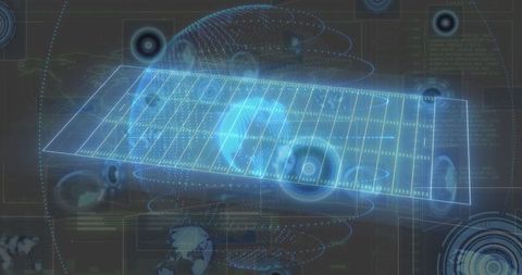 Floating holographic grid at futuristic control center