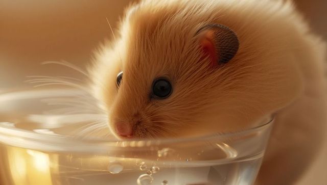 Tiny golden hamster drinking from glass rim with whiskers skimming water, macro closeup