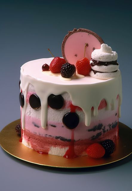 Ice cream cake with white icing, cream and fruits on top, created using generative ai technology - Download Free Stock Photos Pikwizard.com