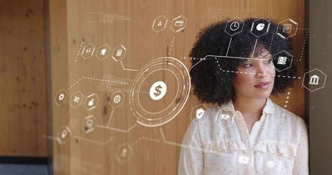 Mid Adult Woman Engaging with Digital Finance Interface