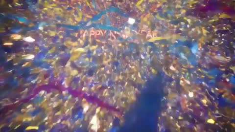 Celebrating New Year 2026 with confetti cannon bursting, glitter streamers revealing HAPPY NEW YEAR