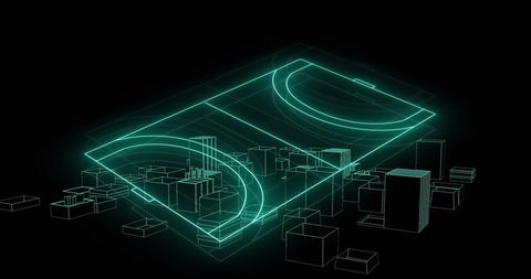 Futuristic neon sports field over virtual cityscape
