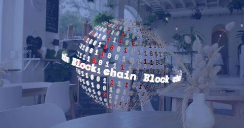 Holographic blockchain sphere rotating above cafe table with binary code and interface