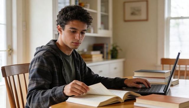 Studying teen turning textbook page while typing on laptop at sunlit home study table