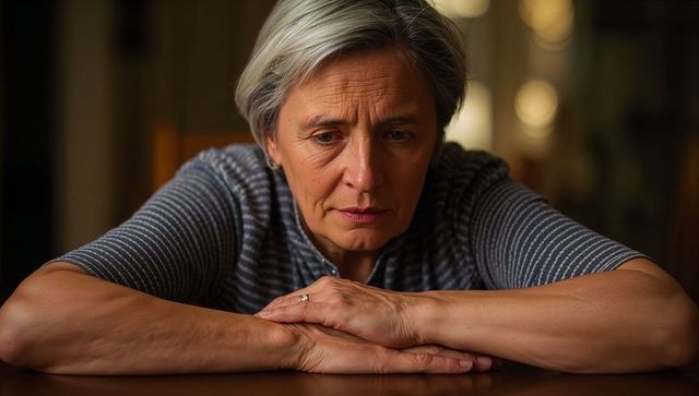Senior woman resting arms on wooden table at home, wearing striped shirt, looking pensive