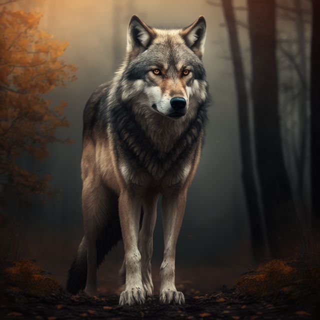 Majestic grey wolf standing in a misty forest during autumn. Ideal for nature and wildlife enthusiasts, educational materials about wildlife habitats, or themes depicting the mystery and majesty of the natural world.