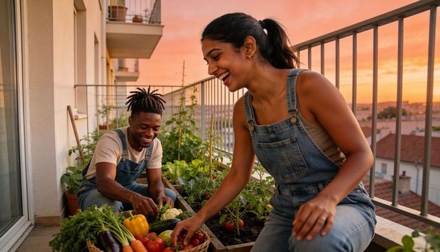 Couple harvesting vegetables on urban balcony garden at sunset with wicker basket