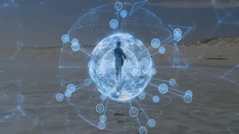 Woman Immersed in Digital Network in Futuristic Environment