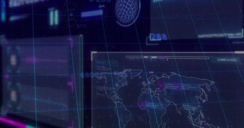 Holographic world map displaying neon cyberpunk ui analytics with wireframe globe and gridlines