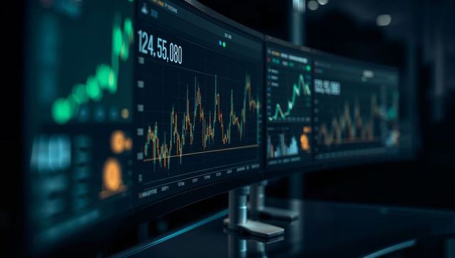 Futuristic trading desk with data visualization on monitors