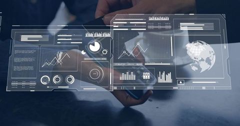 Executive holding smartphone displaying holographic ar analytics dashboard with globe charts