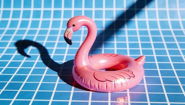 Pink flamingo pool float casting bold shadow on blue tiled floor