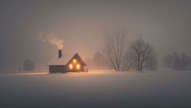 Glowing log cabin emitting warm light on snowy plain at twilight with rising smoke