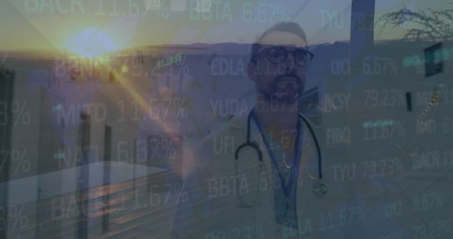 Doctor with Stethoscope against Stock Market Data and Sunset - Download Free Stock Images Pikwizard.com