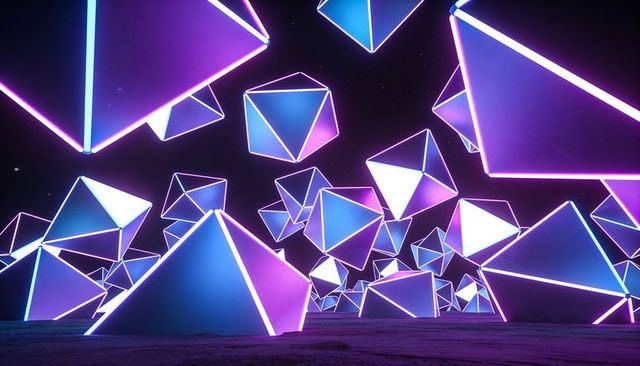 Neon-lit floating geometric pyramids receding over textured ground futuristic abstract