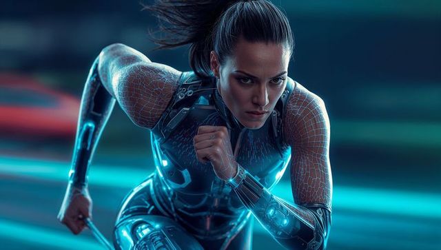 Cyborg Female Sprinter Charging Forward on Neon Cyber Track Holding Relay Baton