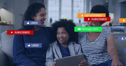 Family Sharing Tablet on Couch with Floating Social Media Notifications, Cozy Home Interaction
