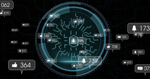 Digital information flow with notifications and analytics icons