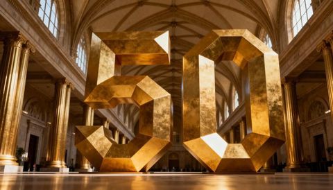 Giant faceted gold 50 sculpture commanding warm light in grand neoclassical hall