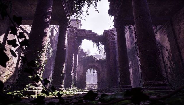Overgrown ancient courtyard with crumbling columns and moss-covered vines reclaiming stone