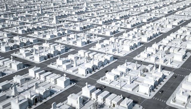 Sunlit grid of white mausoleums stretching across urban cemetery streets