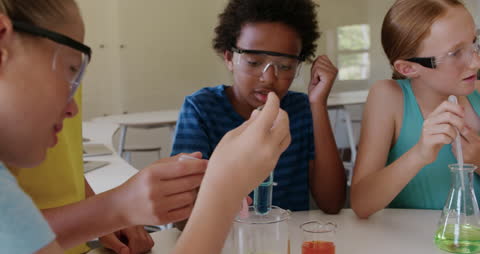 Children Exploring Science with Beakers and Pipettes in Classroom