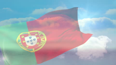 Portuguese Flag in Dynamic Animation Above Cloudy Sky