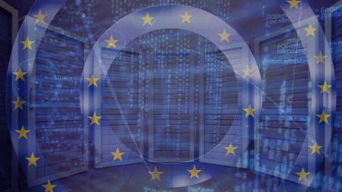 European Union Flag Overlay on Server Room Symbolizing Data Security