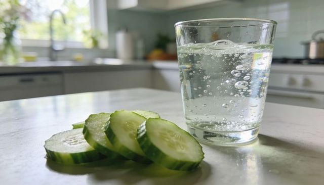 Bubbling sparkling water with cucumber slices on marble countertop in bright kitchen